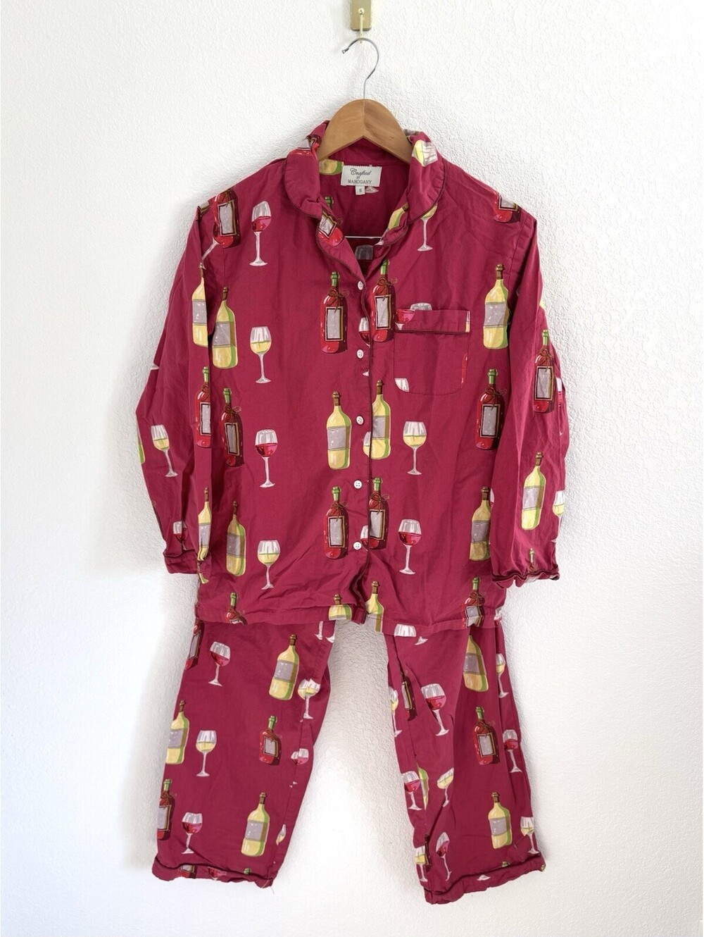 Crafted By Mahogany Women’s 2 Pc Pajama Pant Set Cotton Size Small Wine Print